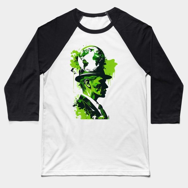 Wear Your Passion for the Planet with Our Abstract White and Green Climate Activist Man Face Portrait Design Baseball T-Shirt by Greenbubble